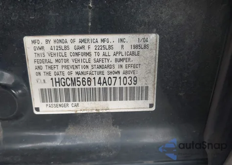 2004 Honda Accord 2.4 Ex из США, поврежденный, VIN 1HGCM56614A071039